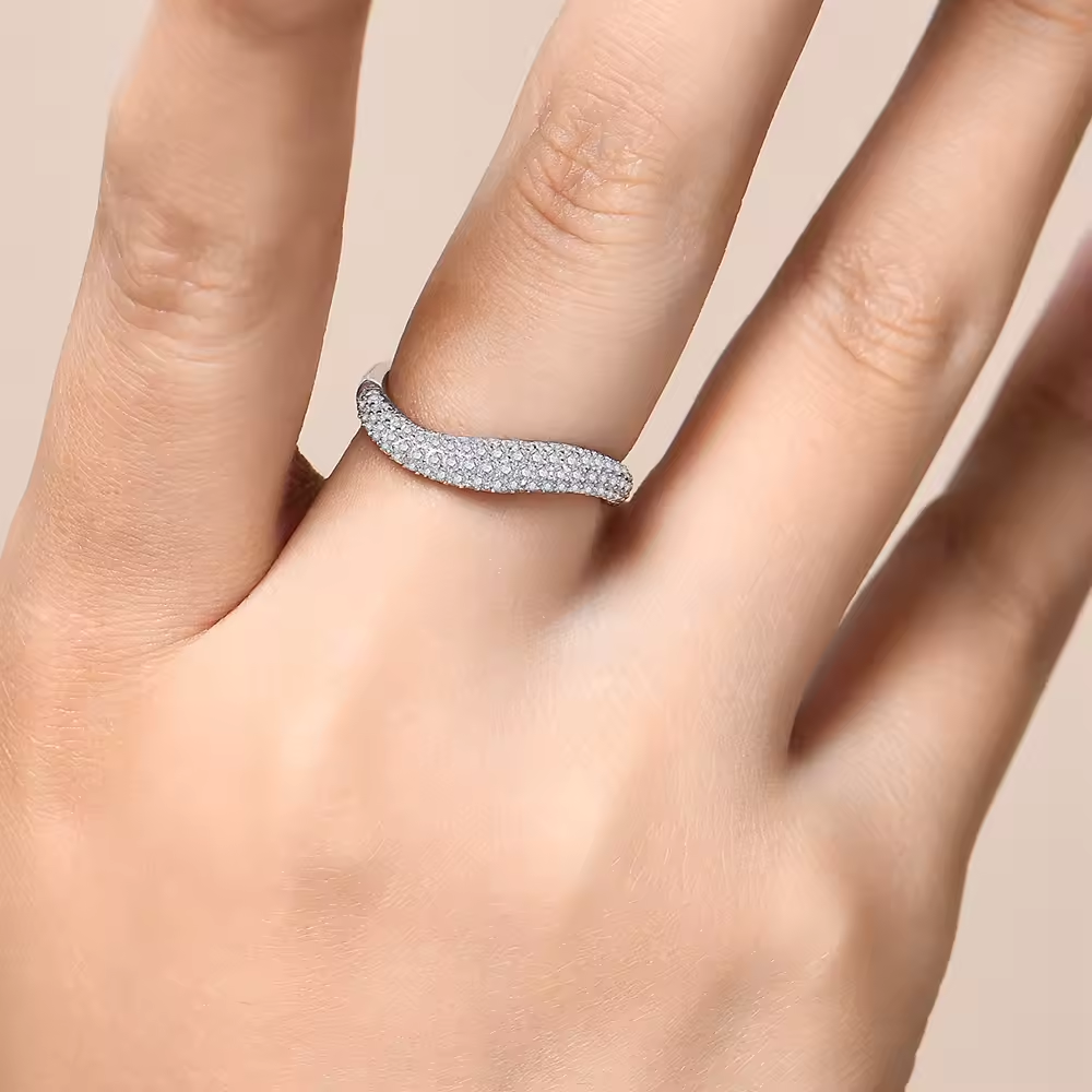 Wavy Moissanite Stackable Ring in Sterling Silver with White or Yellow Gold Plating